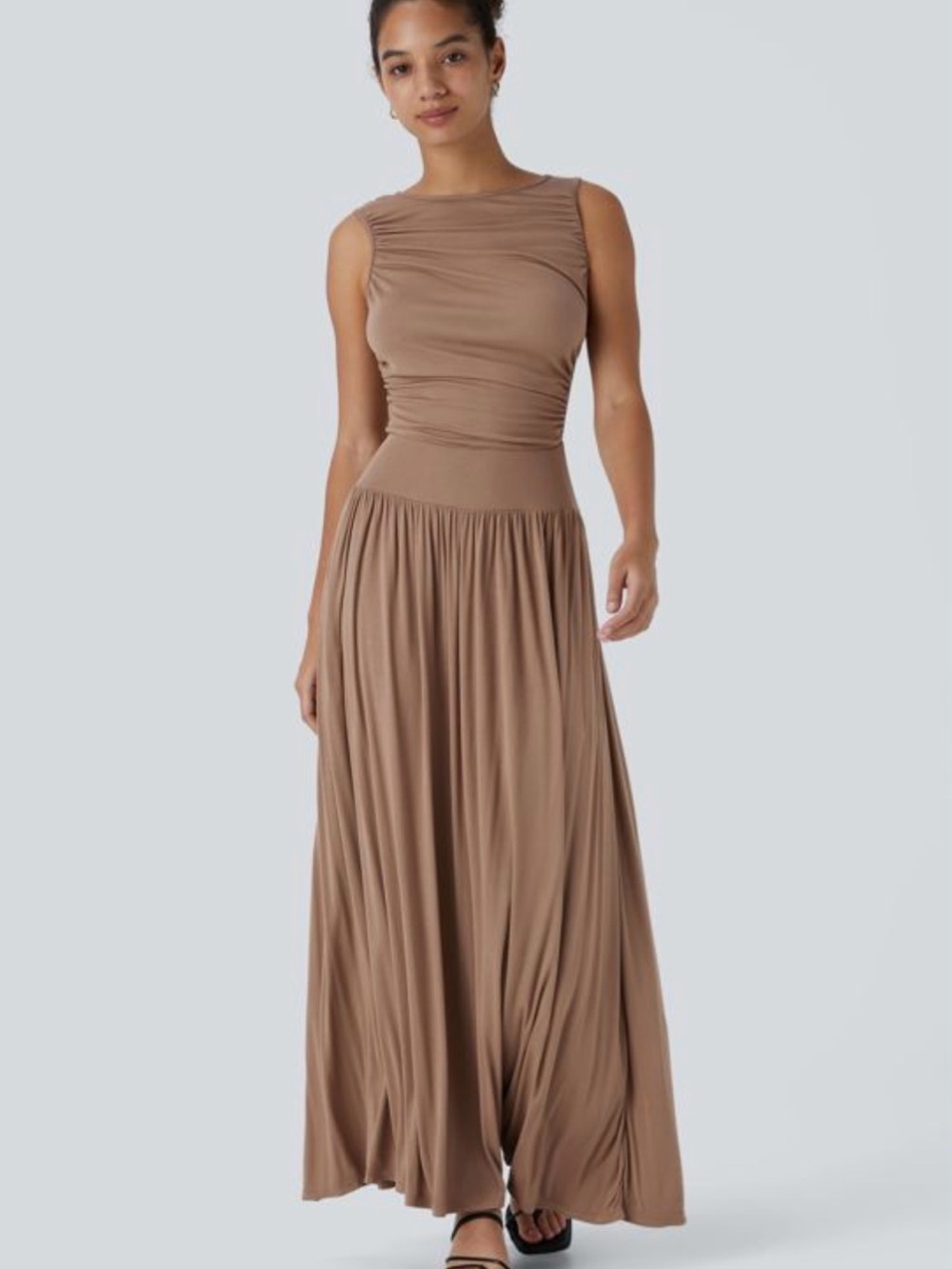 Halara Ribbed Boat Neck Asymmetric Ruched Flowy Maxi Dress Brown NEW XS